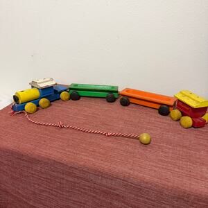 Vintage Playskool Wooden Pull Train Toy Set 4 Pieces Engine Cargo Caboose 1960s